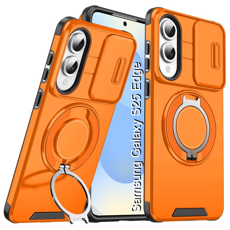 Image of LuxuryKase Shockproof Rugged Case for Samsung Galaxy S25 Edge | Slide Camera Cover | 360 Rotating Ring Kickstand | Military-Grade Protection - Sunset Orange