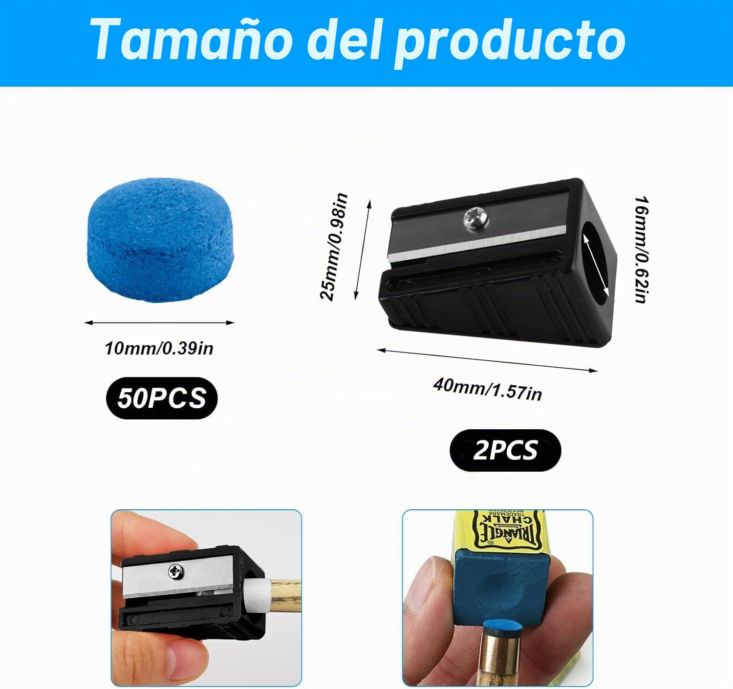 50 puntas de repuesto para taco de billar, 10 mm, de piel, puntas de repuesto para billar, accesorios para taco de billar (azul, con 2 recortadoras)
