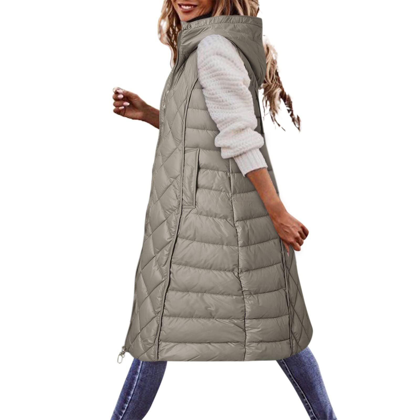 Doudoune sans Manches Femme avec Capuche, Veste Matelassée Femme Automne Hiver Chaud Veste Chauffante À Capuche Longue Zippée Hooded Automne Hiver Extérieure À Courtepointe Blouson Capuche Gilet