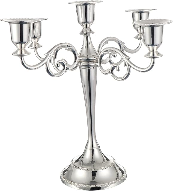 Candle Holder 5-Arms Metal Candle Stand for Taper Candles, Vintage Candelabra Decorative Candlestick Holder for Wedding Candlelight Dinner Party Tabletops Home Decoration (Silver)