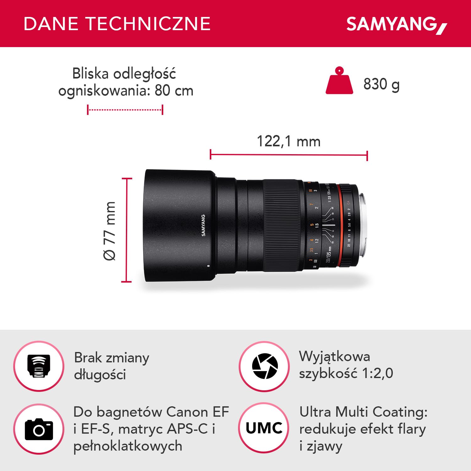 Samyang F 2.0 Ed Umc 7493 Obiektyw, Czarny, 135 mm