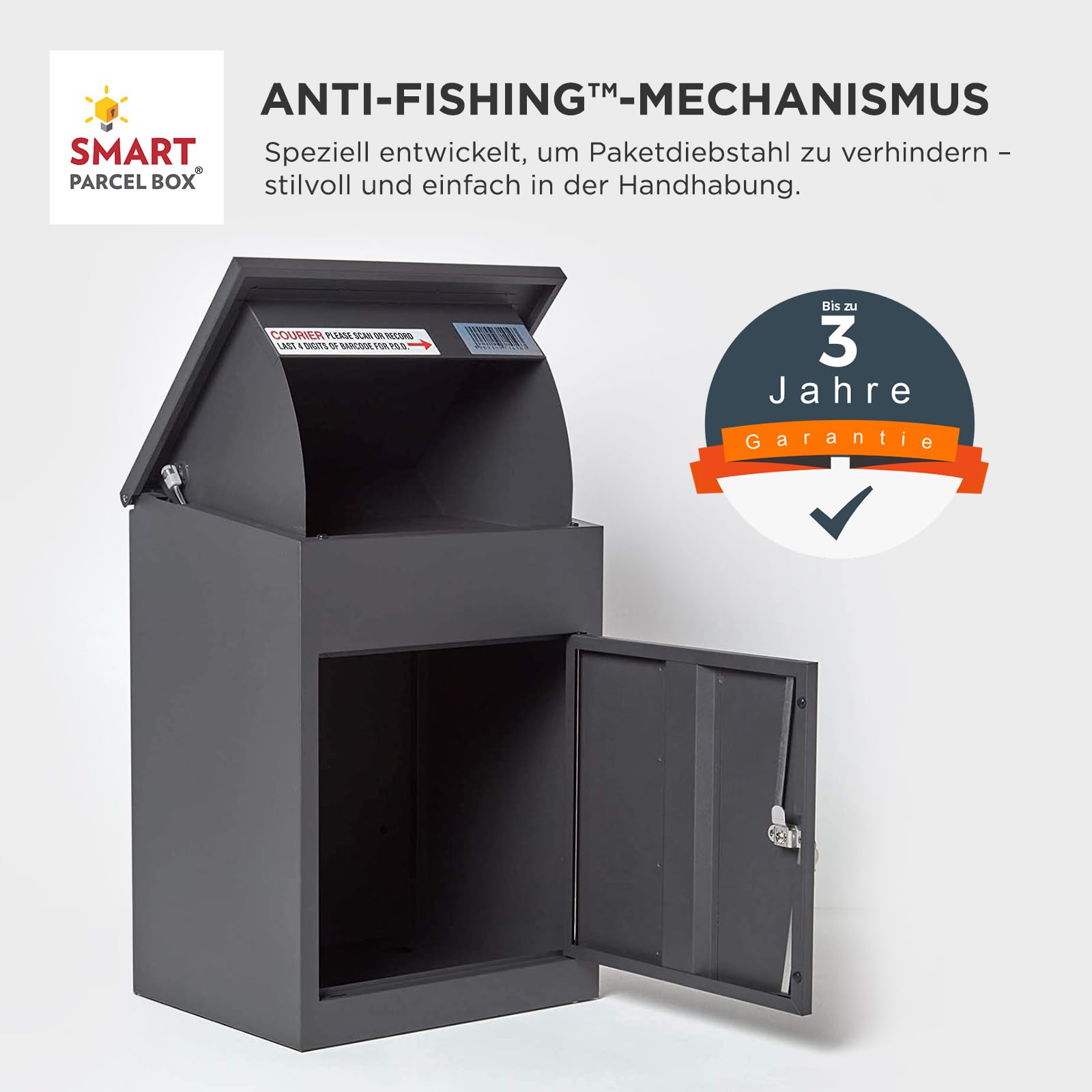 Smart Parcel Box Paketbox M - Paketbriefkasten wetterfest, grau | Postbox für Pakete outdoor, Paketbox draußen, Wandmontage, Front-Entnahme, verzinkter Stahl, rostfrei, pulverbeschichtet