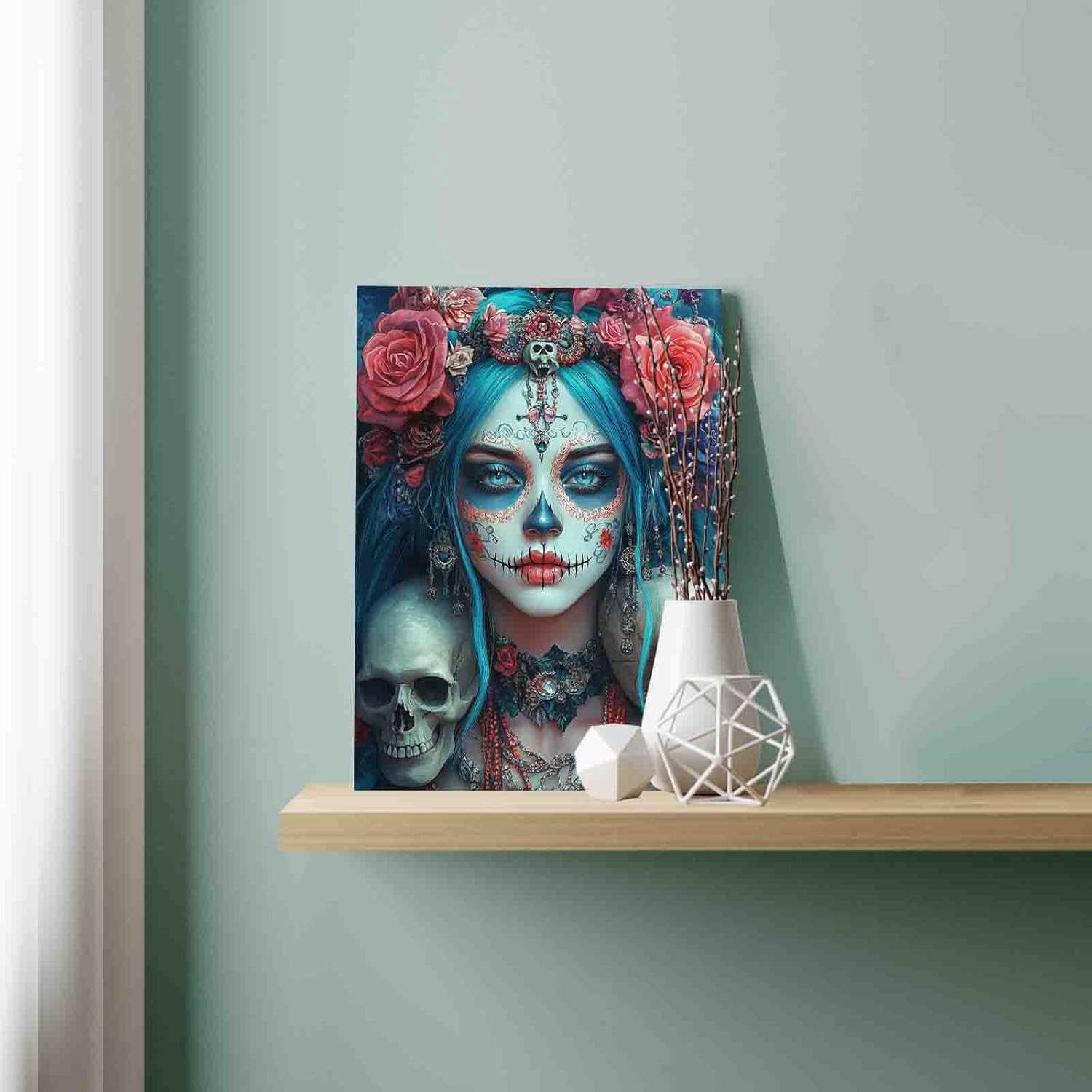 Tucocoo Fantasy Art Floral Skulls Roses Paint by Numbers, Day of The Dead Blue Hair Woman Sugar Skull Paint by Number Kits Wall Arts Craft Creative Gift for Home Wall Decor 16X20 Inch (DIY Framed)