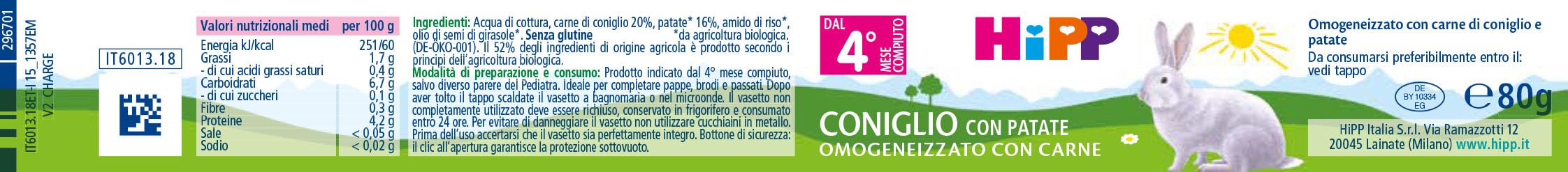 HiPP - Omogeneizzato di Carne per Neonati, Gusto Coniglio con Patate, Senza glutine, Senza Sali e Aromi Aggiunti, 24 Vasetti da 80 g