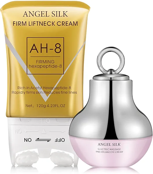 Angel Silk AH-8 Firming Neck Cream & Electric Massage Eye Cream Bundle, Eye Cream for Dark Circle, Neck Cream for Firm and Smooth of Fine Lines, Deep Moisturizing Skincare, Tightening & Revitalizing