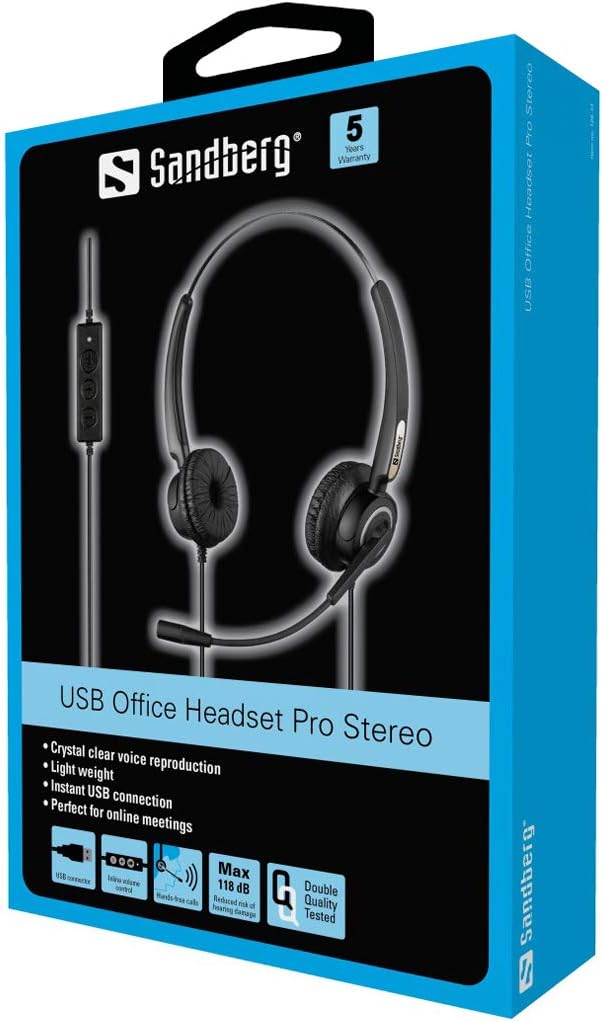 Sandberg USB Office Headset Pro Stereo USB Office Headset Pro, 126-13 (USB Office Headset Pro Stereo, Headset, Head-Band, Office/Call Center, Black, Binaural, Button)