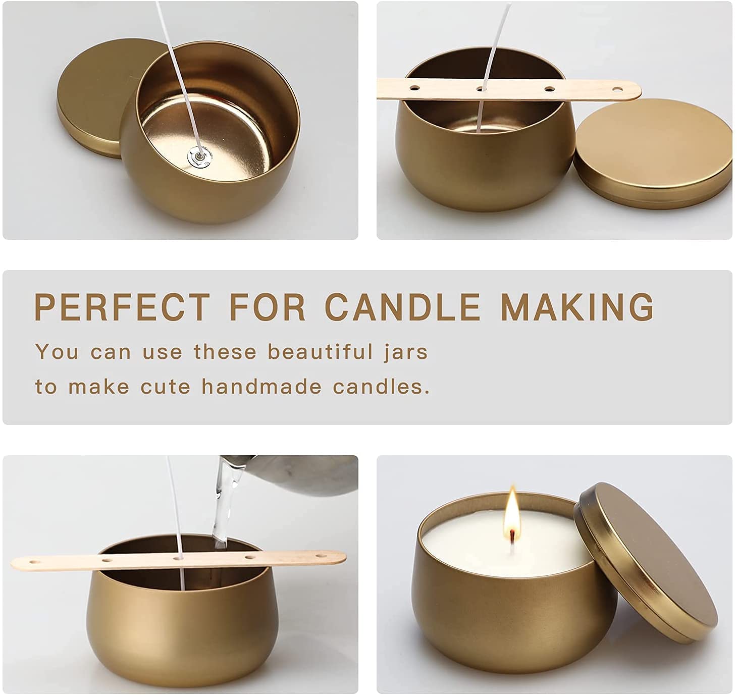 Tontenitori per Candele 24 Pezzi, Metallo Vuoti per Fare Candele Mini Barattoli da 8oz Accessori per Kit di Candele Fai da Te, Mamma Regalo Barattoli per Conservare il Tè Secco Dolci Spezie Regali Oro