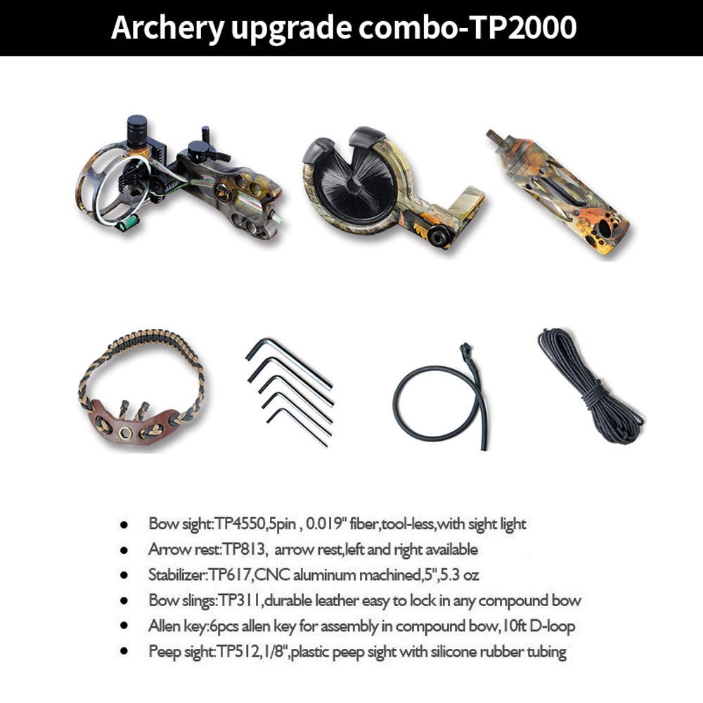 Ensemble d'accessoires de Tir à l'arc Accessoires pour Arc à Poulies Kits de Visée d'arc Comprend un Viseur d'arc à 5 broches, Repose-flèche, Stabilisateur, Peep Sight, Élingue d'arc, D-loop (Camo
