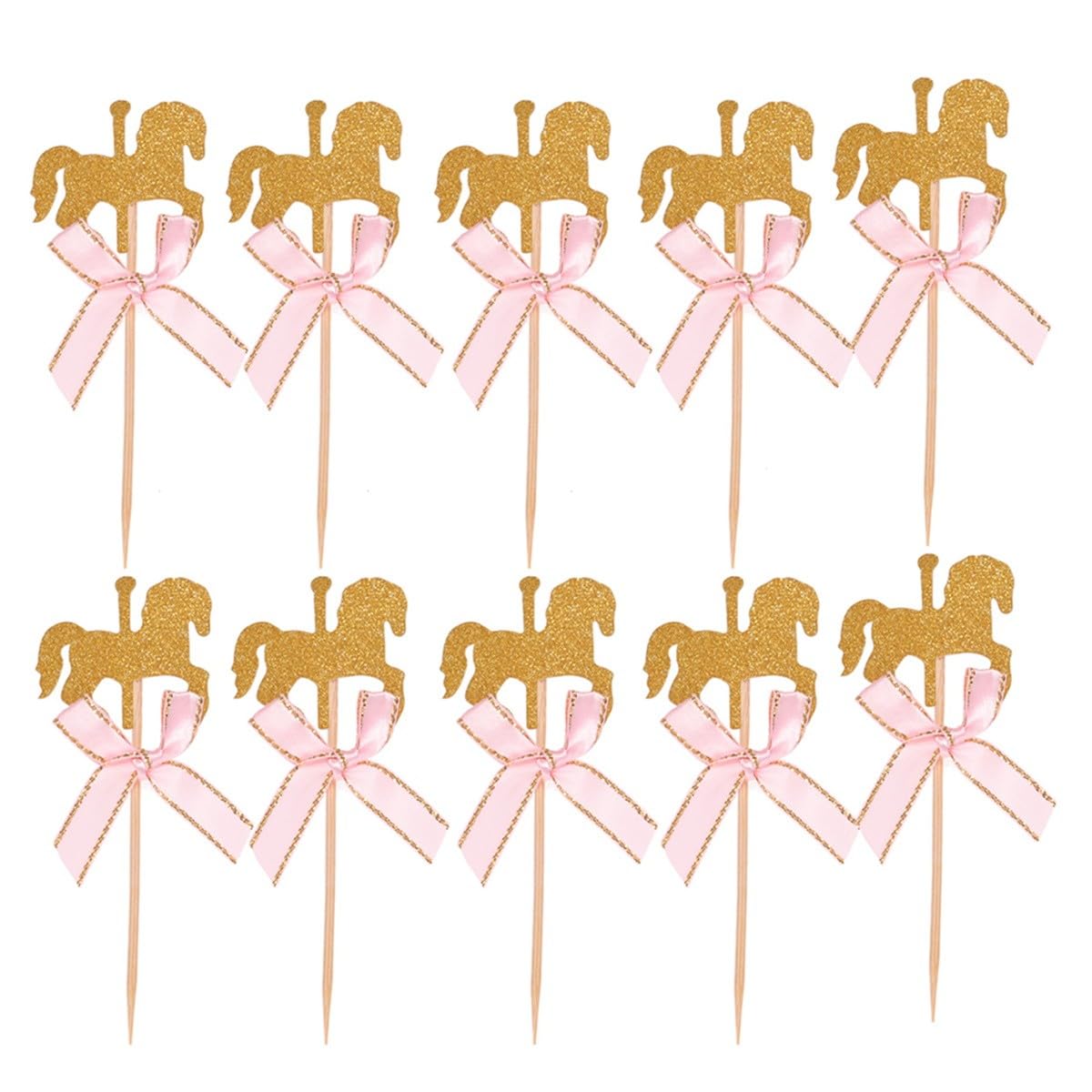 50Pcs Carousel Horse Cake Picks Pink Bow Party Supplies Food-safe Paper Baking Decoration for Birthday Wedding Shower Desserts