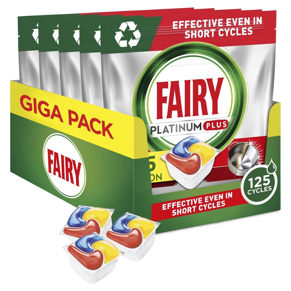 FairyPlatinum Plus Complete All-In-1 Dishwasher Tablets Bulk, 125 Tablets, Lemon, With Anti-Dull Technology & Rinse Aid Action, Effective In Short Cycles