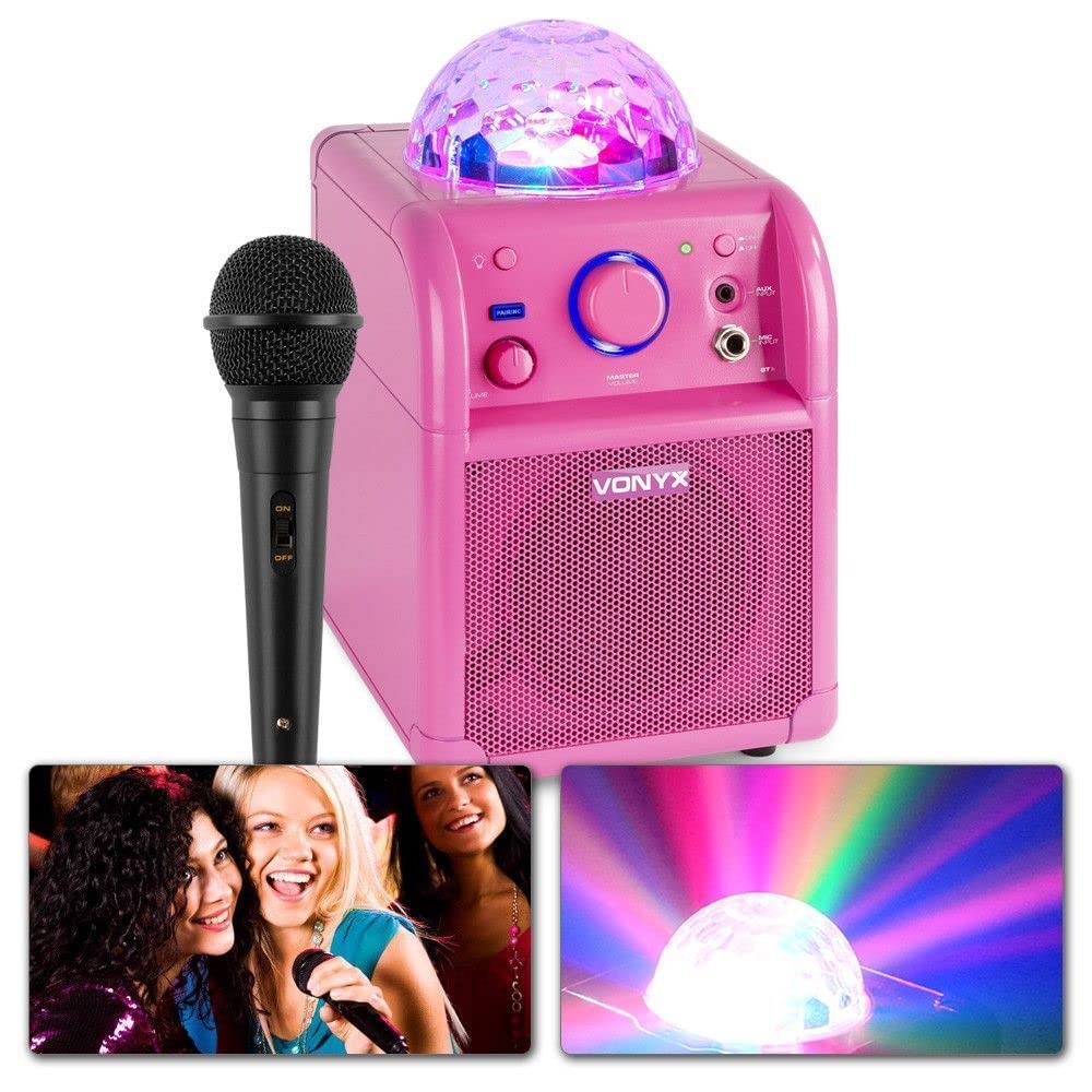 Vonyx SBS50P Altavoz portátil Set de Karaoke para Fiesta con micrófono y Efecto Eco, Bluetooth, Bola de Discoteca con Efectos de Luces LED, Entrada Auxiliar - Rosa