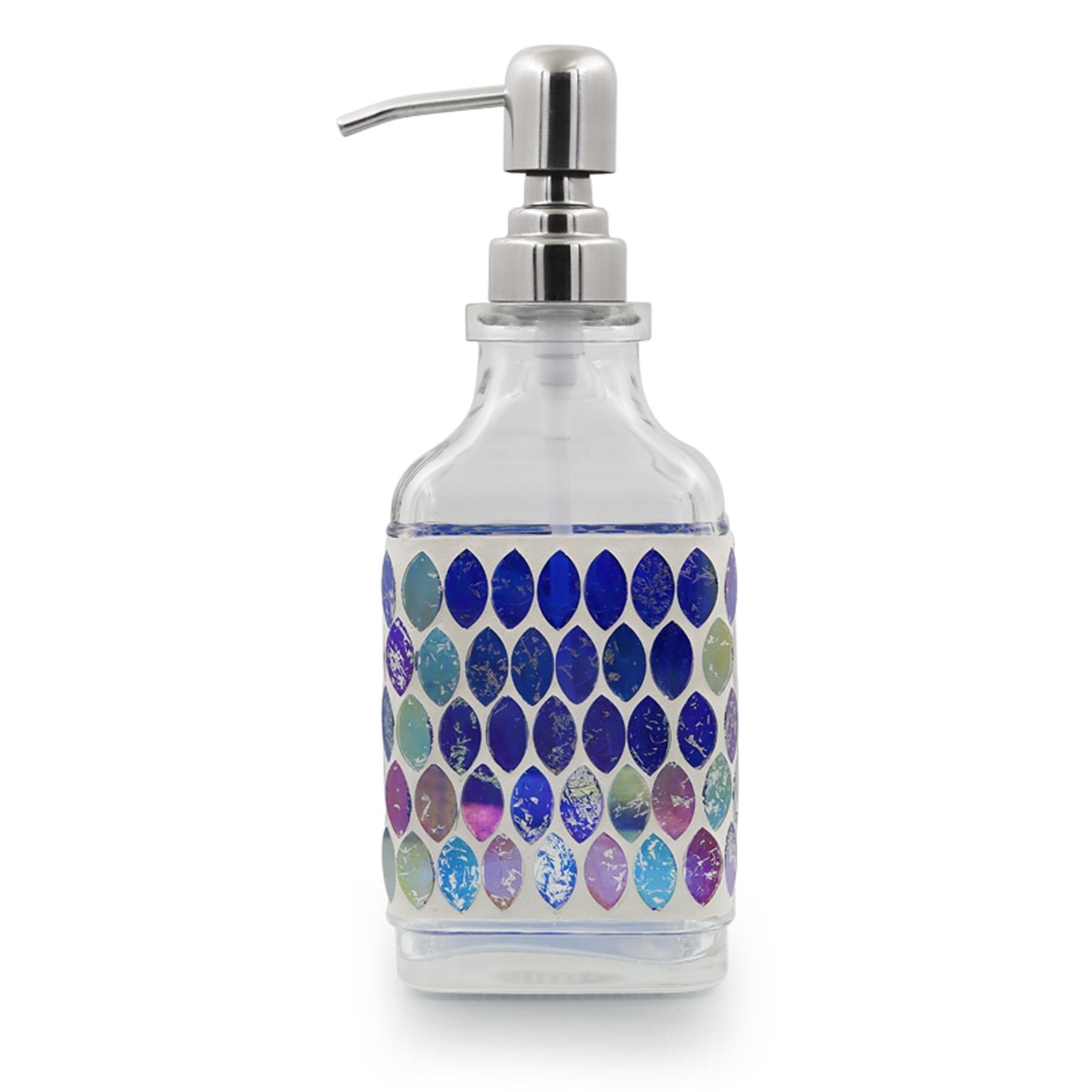 Qyleee G Hand Mediterranean Blue Sea Breeze Mosaic Lass Lotion Dispenser 500Ml Stainless Steel Dish For Bathroom(G)