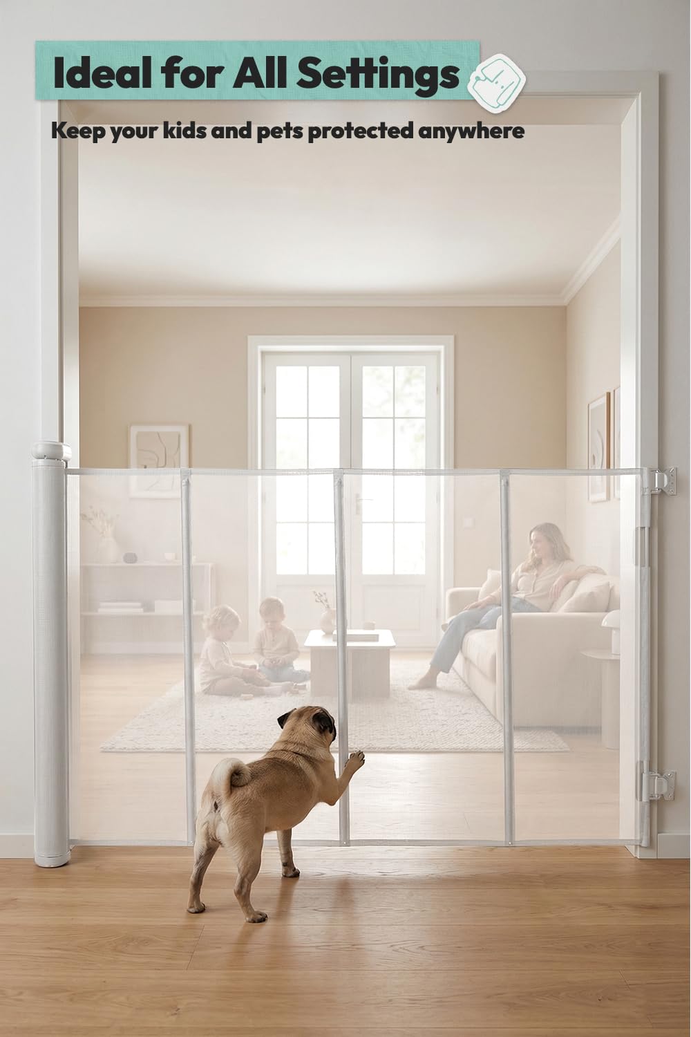 78 cm hohes Hundeschutzgitter aus Netz, ausziehbar bis 305 cm Breite, zum Bohren, kleines Hundegitter für Treppen, leicht übersteigbares Welpengitter für Türen, innen und außen, weiß