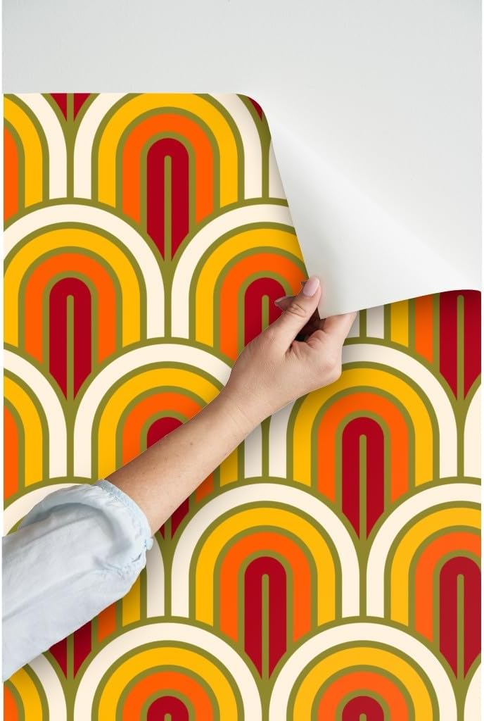 Peel & Stick Wallpaper 3ft x 2ft - Geometric Pattern Art Deco Sunset White Yellow Red Retro Orange Gold Custom Removable Wallpaper by Spoonflower