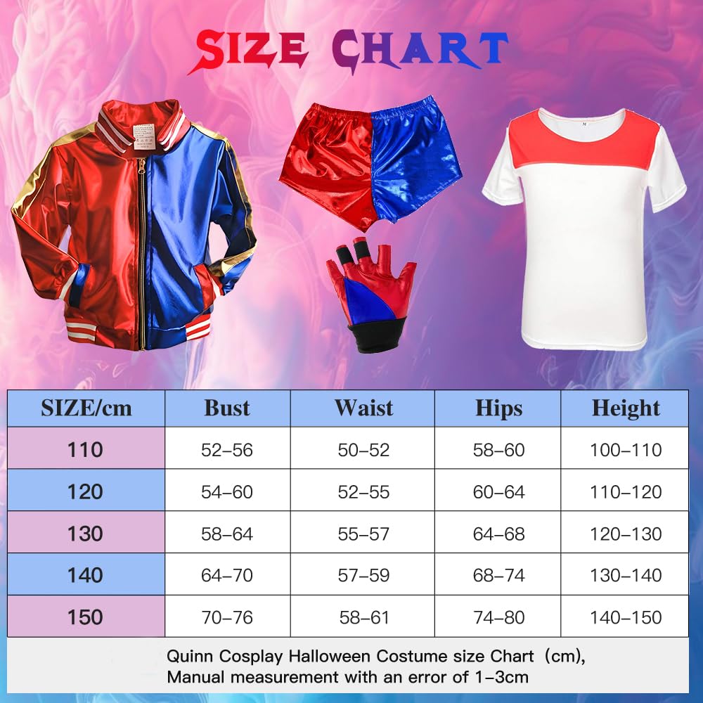 BITOYO Costume da Quinn Bambina, Costume da Quinn Clown Cosplay Joker Costume con T-Shirt Giacca Pantaloncini e Guanti Costumi per Ragazze Halloween Natale Carnevale Costumi Cosplay