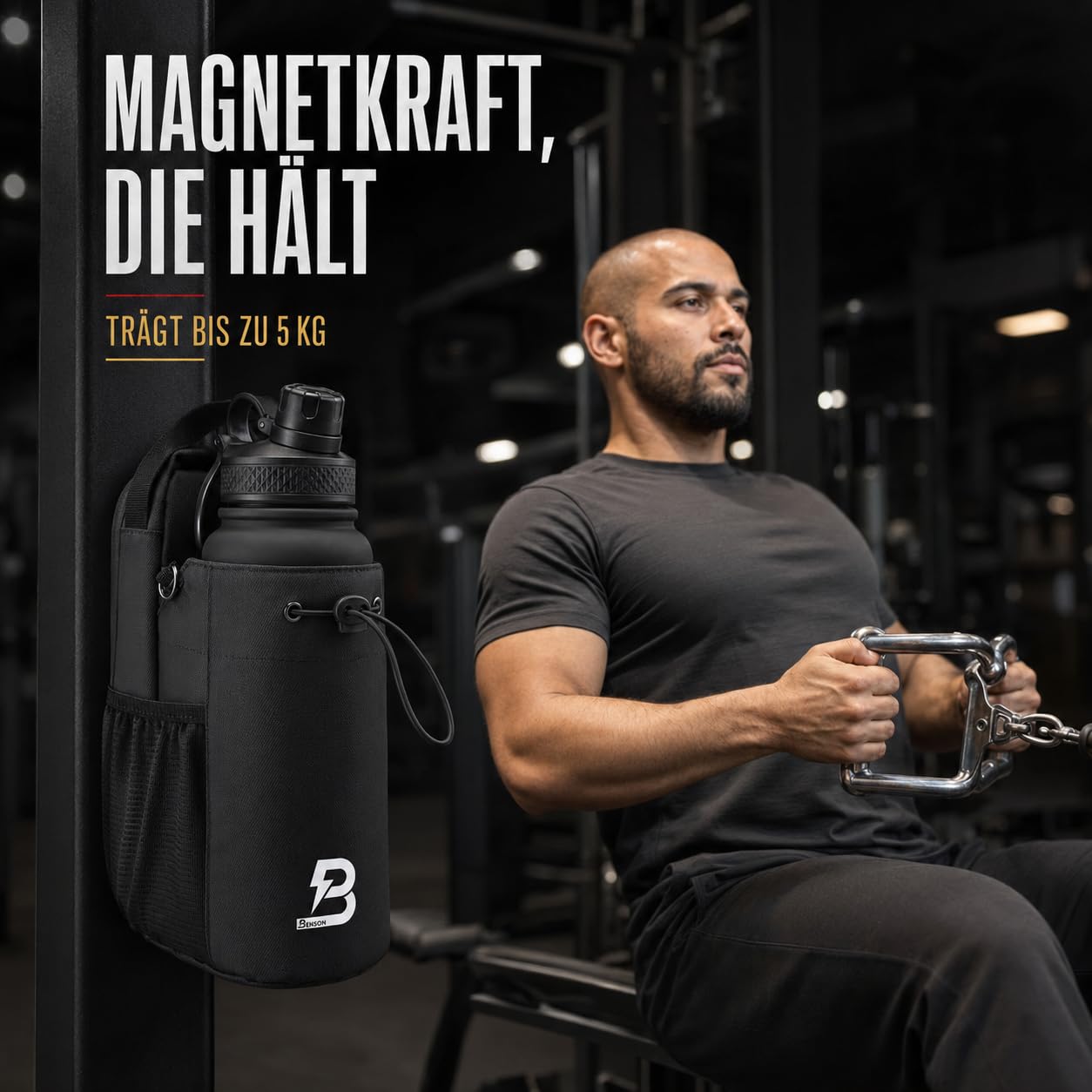 Benson Sac de fitness magnétique - Sac banane avec fixation magnétique puissante - Porte-bouteille pour bouteilles jusqu'à 3000 ml - Compartiment pour téléphone portable - Mousqueton - Pour homme et