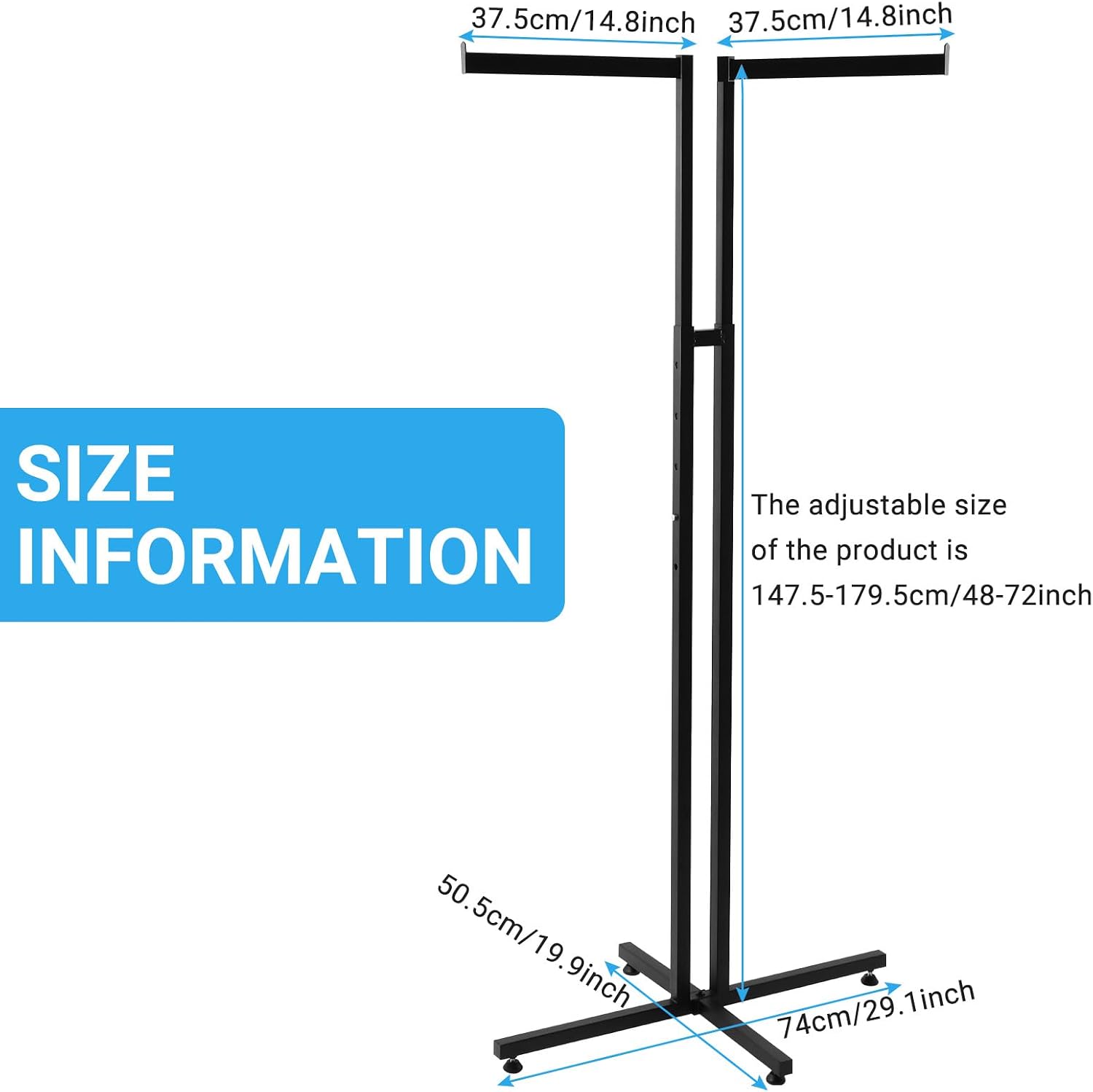 Polmart 2 Way Adjustable Clothing Rack with Slanted Arms, Heavy Duty Retail Display Rack for Clothing Stores - Height Adjustable 48" to 72" for Hanging Clothes, Black