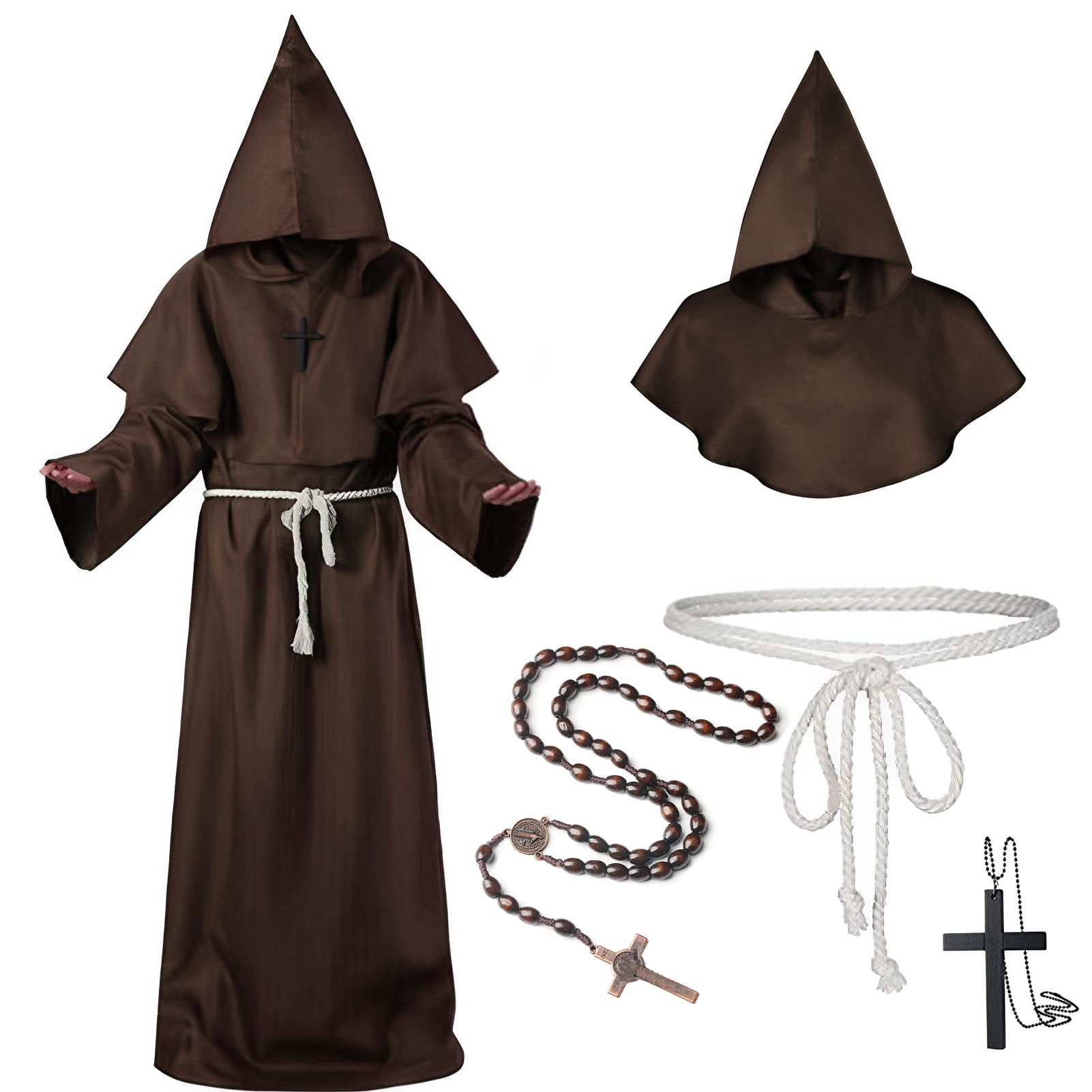 Forfamy Disfraz Monje, Disfraz Medieval Hombre, Disfraz Monje Sacerdote con Cruz y Cuerda para Cintura, Disfraz Carnaval Hombre Halloween Cosplay