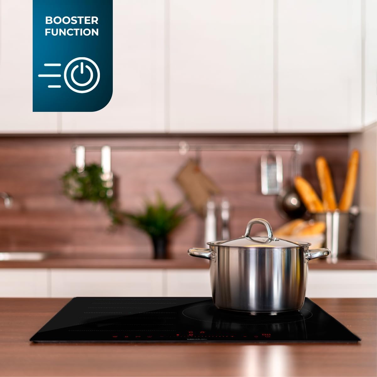 Induction hob with a pot and a 'Booster Function' icon