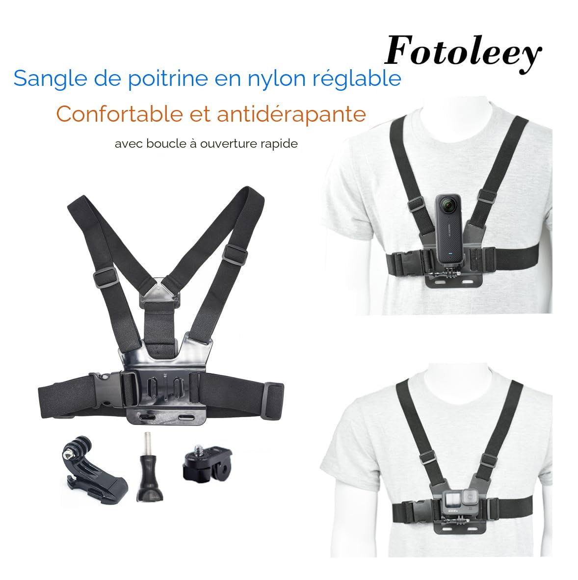 Kit d'accessoires de Sangle de Poitrine pour Insta360 X5/X4/X3/X2/Ace,Compatible avec GoPro Hero, y Compris Support de Sangle de tête, Clip de Sac à Dos, Support de dragonne