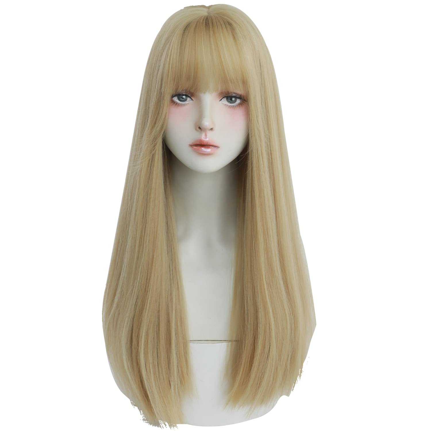 7JHH WIGS Blonde Wig With Bang For Women Long Straight Blonde Wig Synthetic Wig For Girl Emo Cosplay And Daily Useï¼ˆ23" Blonde