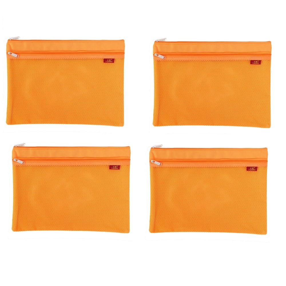 8PCS A4 Document Bag Zip Bag Nylon Mesh Bag Waterproof Double Zip Envelop Folder Case Document Bag for Student Office Supplies Travel Bag, Orange