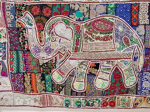 Image of Ekam Art Rajasthani Handmade Heavy Elephant Embroidery Cotton Patchwork Tapestry Cotton Wall Decor Hanging Beaded Tapestries Home Living Room Decor 40 x 60 Inch (Off White)