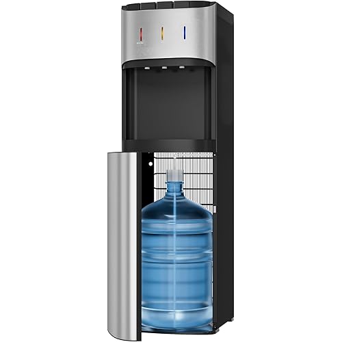 Tehanld Bottom Loading Water Cooler Dispenser for 3 or 5 Gallon Bottles, Stainless Steel Water Dispenser with Hot, Room & Cold Water, Child Safety Lock, Metallic Silver
