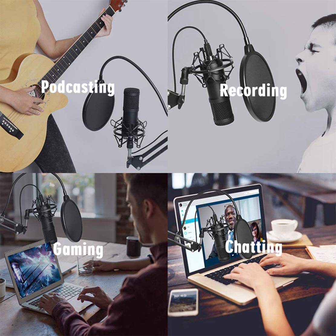 AKT USB Streaming Podcast Ordenador Personal Micrófono Estudio Profesional Kit de Micrófono de Condensador Cardioide con Filtro de Montaje con Amortiguador de Brazo de Pluma