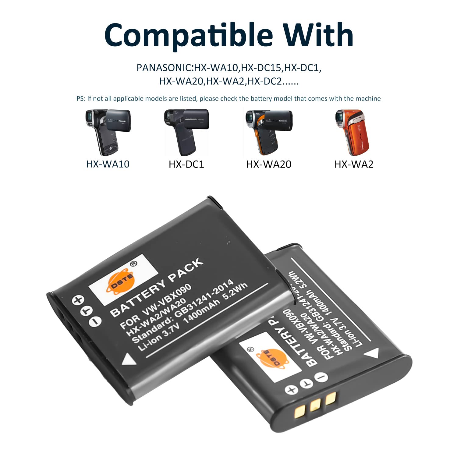 DSTE Batteria Ricaricabile VW-VBX090 (2 Pezzi) Compatibile Panasonic HX-WA2, HX-WA20, HX-WA30, HX-WA301, 1400mAh, Li-ion