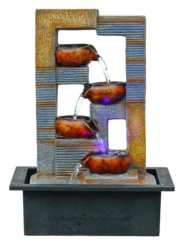 Image of Multicolor Polyresin Tabletop Designer 4 Step Indoor Water Fountain for Home Decor with LED, Speed Control Pump (Size: 29 x 22 x 40 CM | Weight: 1740Gram)
