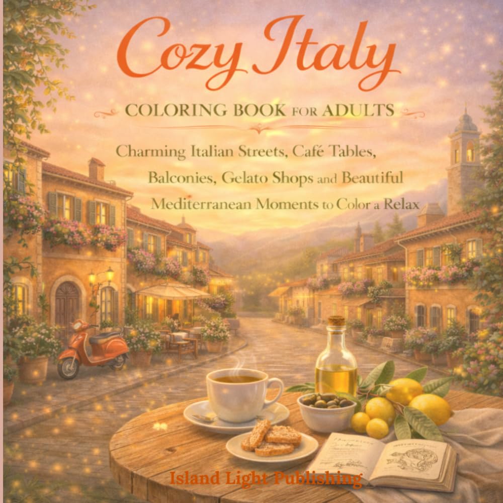 Cozy Italy Coloring Book for Adults: Charming Italian Streets, Café Tables, Balconies, Gelato Shops and Beautiful Mediterranean Moments to Color and Relax