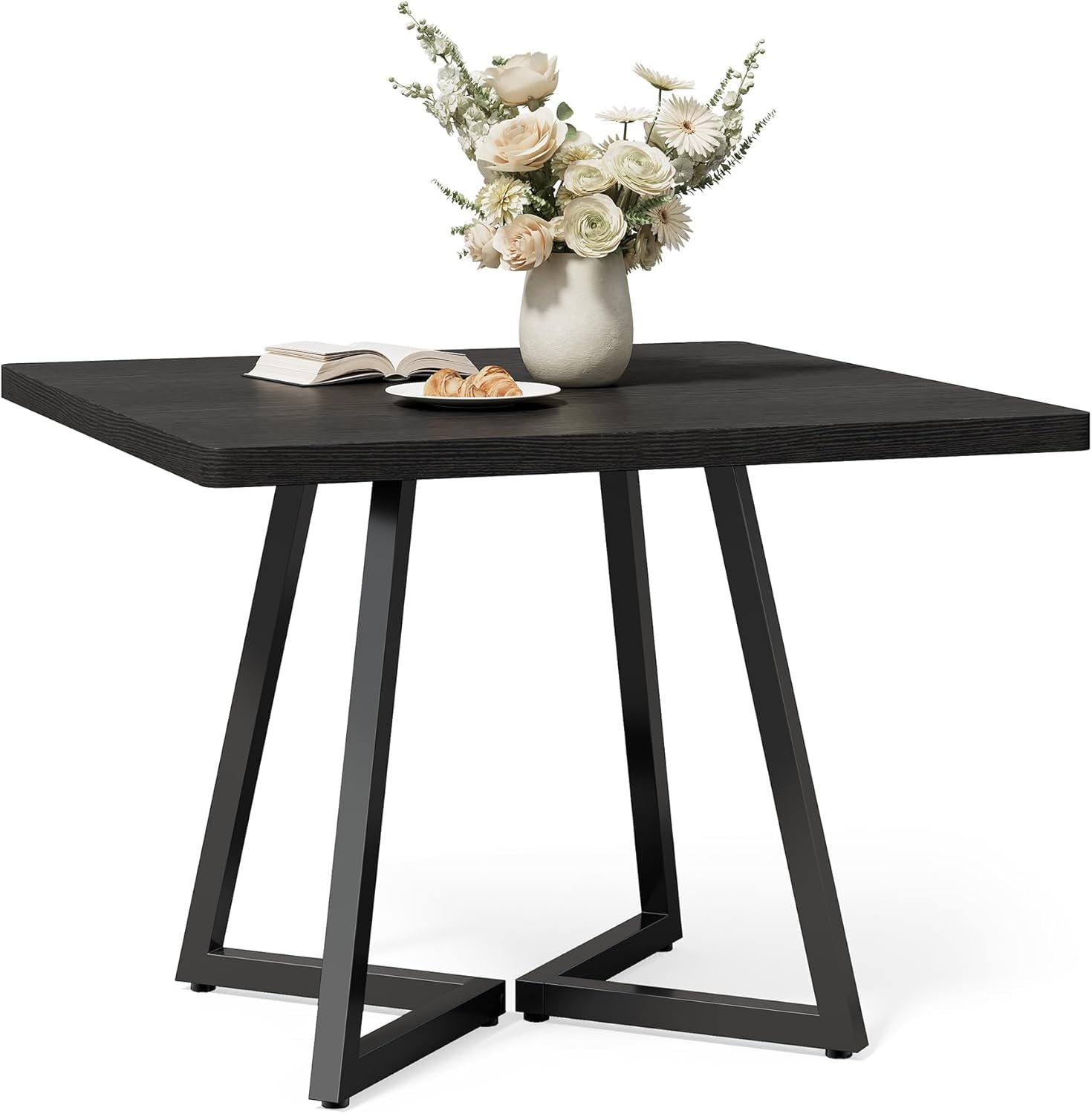 OGFC 46799 Compact 31.5 Inches Small Dining Table for 4, Square Dinner Table for Small Space, Dining Room Desk, Wooden Kitchen Table with Metal Legs, Modern Leisure Cafe- Black-image-18