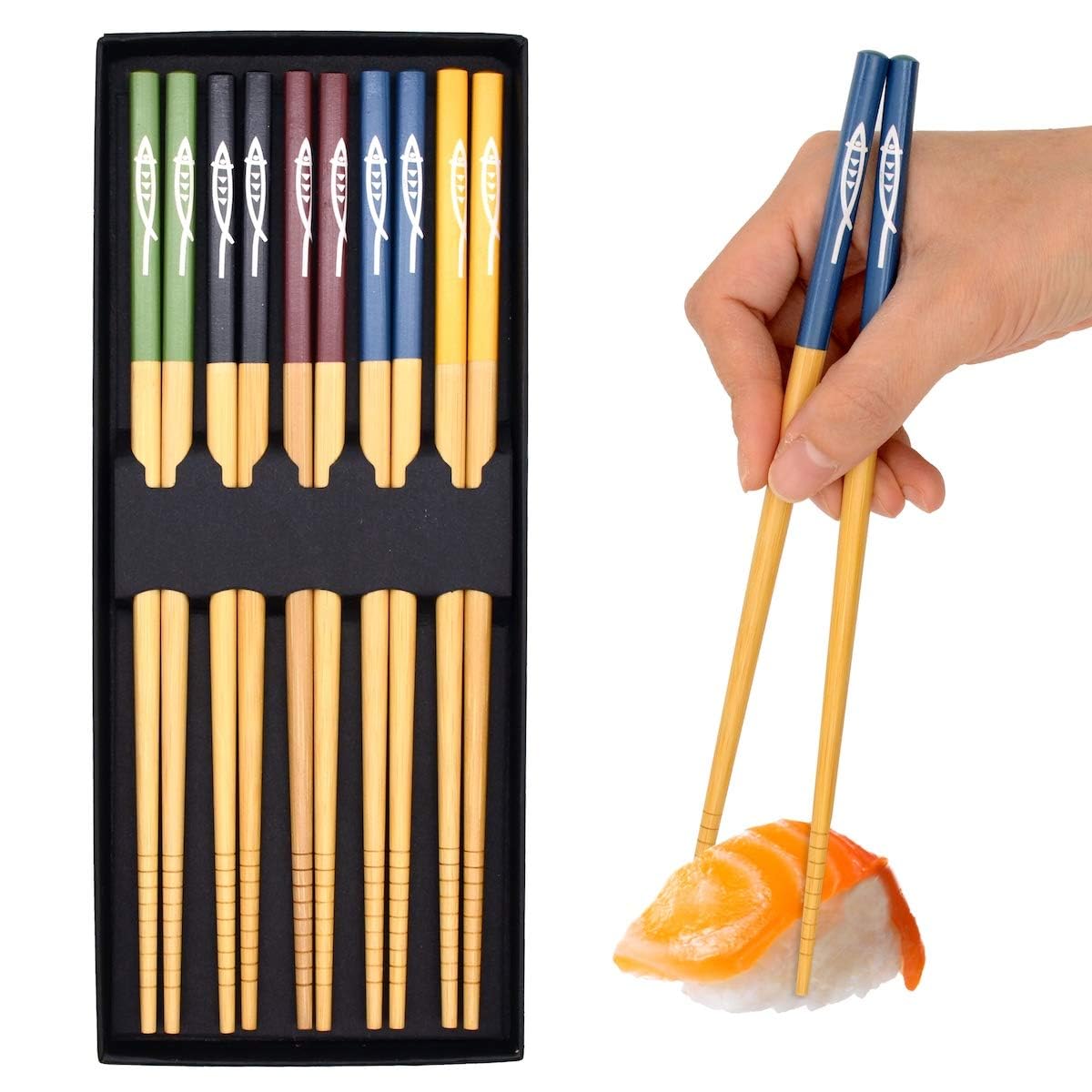 KASTWAVE 5 Pairs Reusable Chopsticks Set - Lightweight Different Style Chop Sticks Utensils, Wooden Chinese Japanese Korean Chopsticks, Family Use Gift Set for Sushi, Noodles, Rice, Camping, Travel