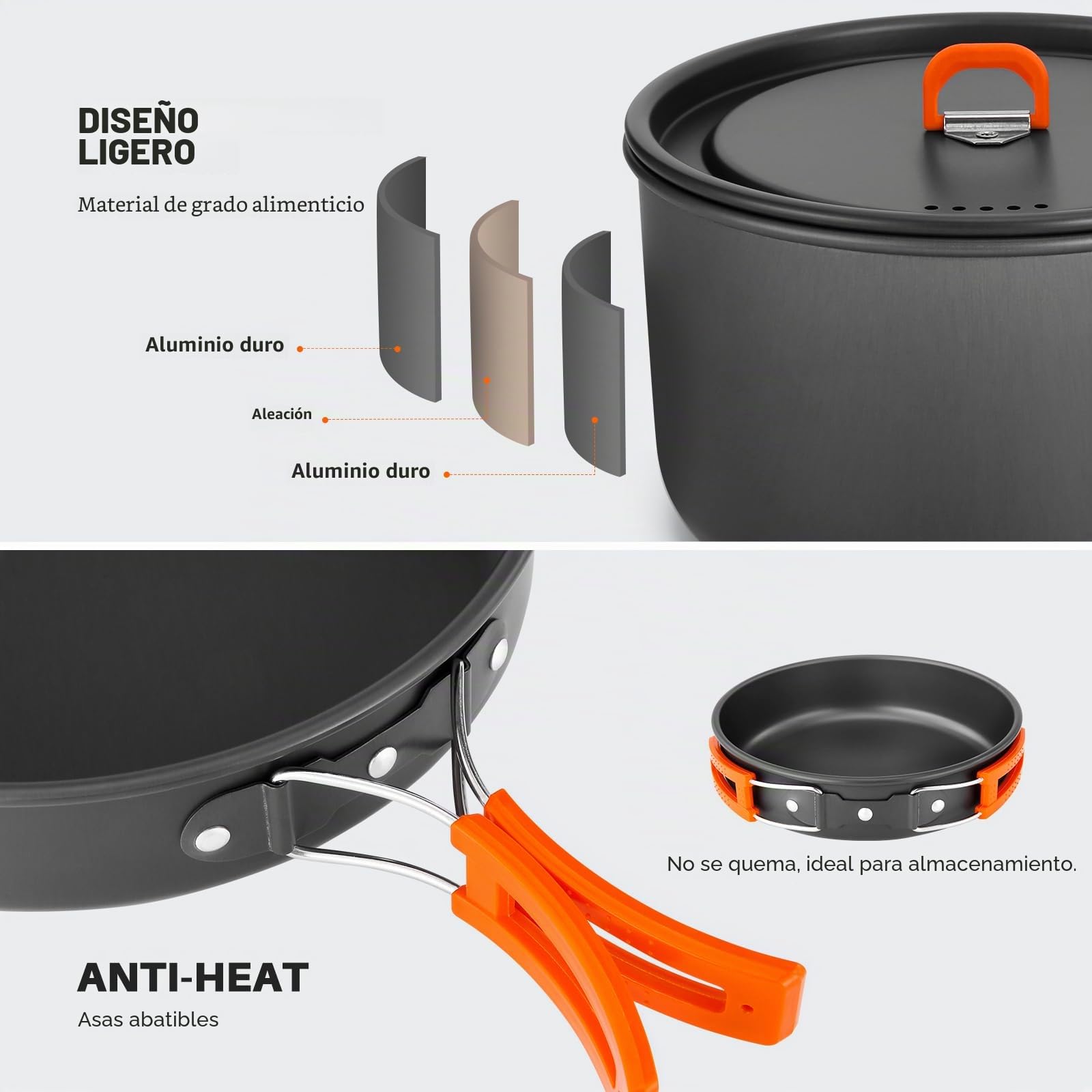 Odoland Kit de Utensilios Cocina Camping 15 Piezas para 1-5 Personas, Kit de Cocina de Camping con 2 Ollas, 1 Sartén y 1 Hervidor, para Camping Trekking Senderismo Cocina al Aire Libre y Picnics