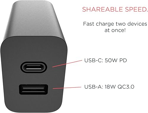 Miniatura 5 de Motorola Cargador TurboPower Share de 50 W - Doble puerto USB-A y USB-C, potente USB-PD (suministro de energía) y salidas QC3.0 con cable USB-C de
