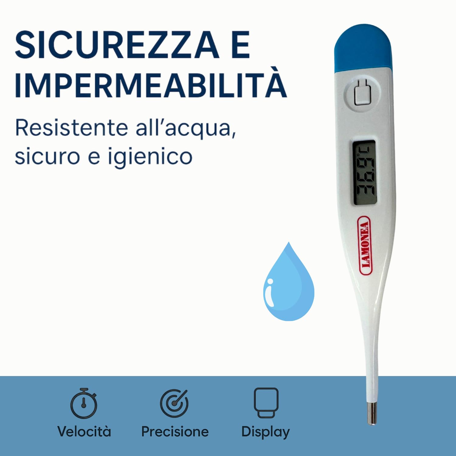 Termometro Digitale, Certificato CE - Impermeabile e Preciso, Misura la Febbre in 60 Secondi, Display LCS e tasto On/Off - Segnale Acustico, Ideale per Adulti e Bambini - MC-101