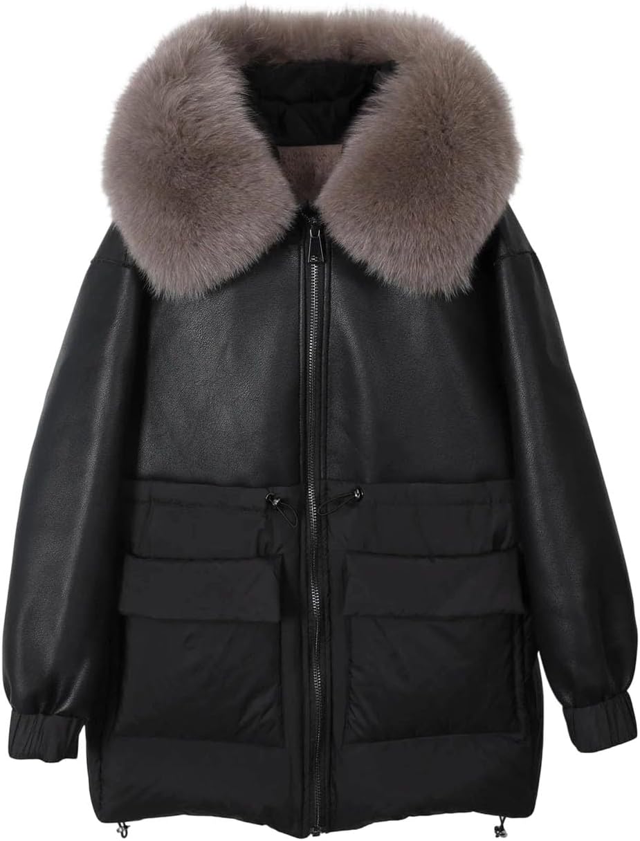 Women's Down Jacket Soft Faux Leather Zipper Coat