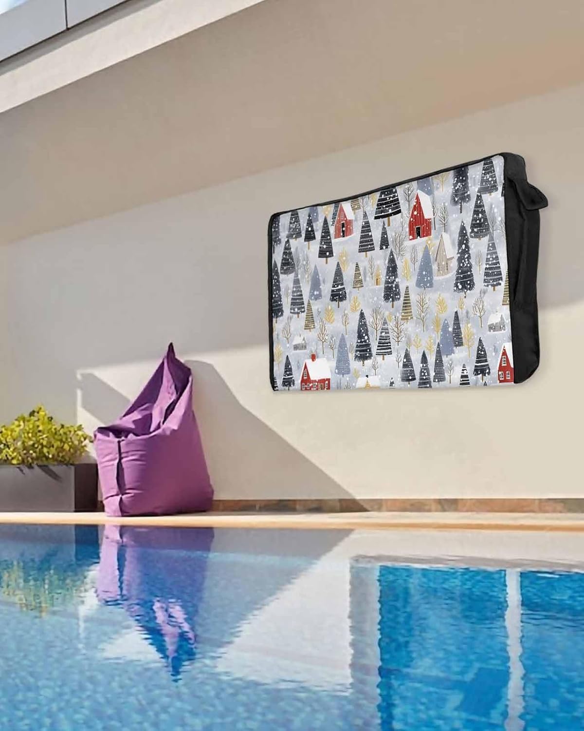 Christmas Tree Outdoor TV Cover 48"-50" - 600D Waterproof TV Cover Weatherproof TV Screen Protector Dustproof Winter Xmas Watercolor House Blue TV Display Protector for Outside Flat Screen TV