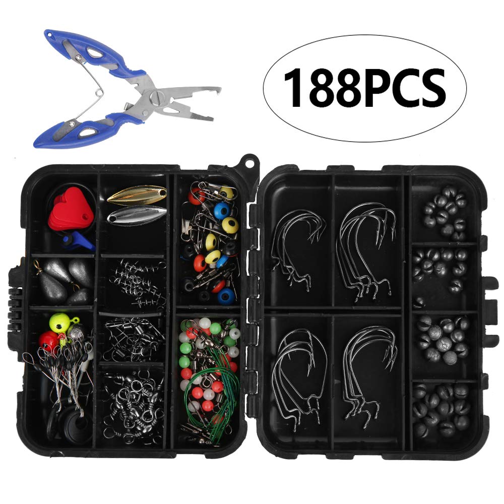 78Henstridge Fishing Accessories Kit 188PCS Fishing Tackle Boxes Set Fishing Hooks Sinkers and Guide Rods Sinkers Weights All-in-one Kit Box for All Fishing Situations