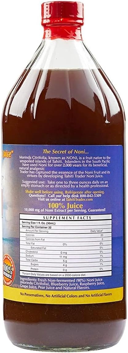 Tahiti Trader Original High Potency Noni Juice - Pure Noni Fruit Juice with Blueberry & Raspberry - Organic Antioxidant Superfood Supporting Energy & Body Health - (32oz, 1 Pack)