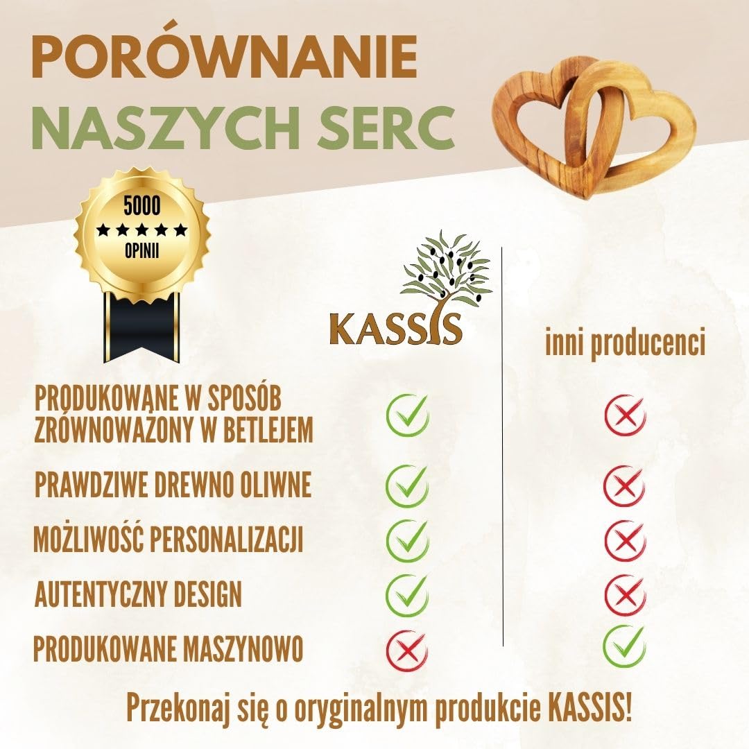 KASSIS serce z drewna oliwkowego, prezent ślubny dla pary młodej na Walentynki, rocznicę, urodziny, wysokiej jakości wykonanie, w wielu rozmiarach (grawerunek na życzenie, 10 cm)