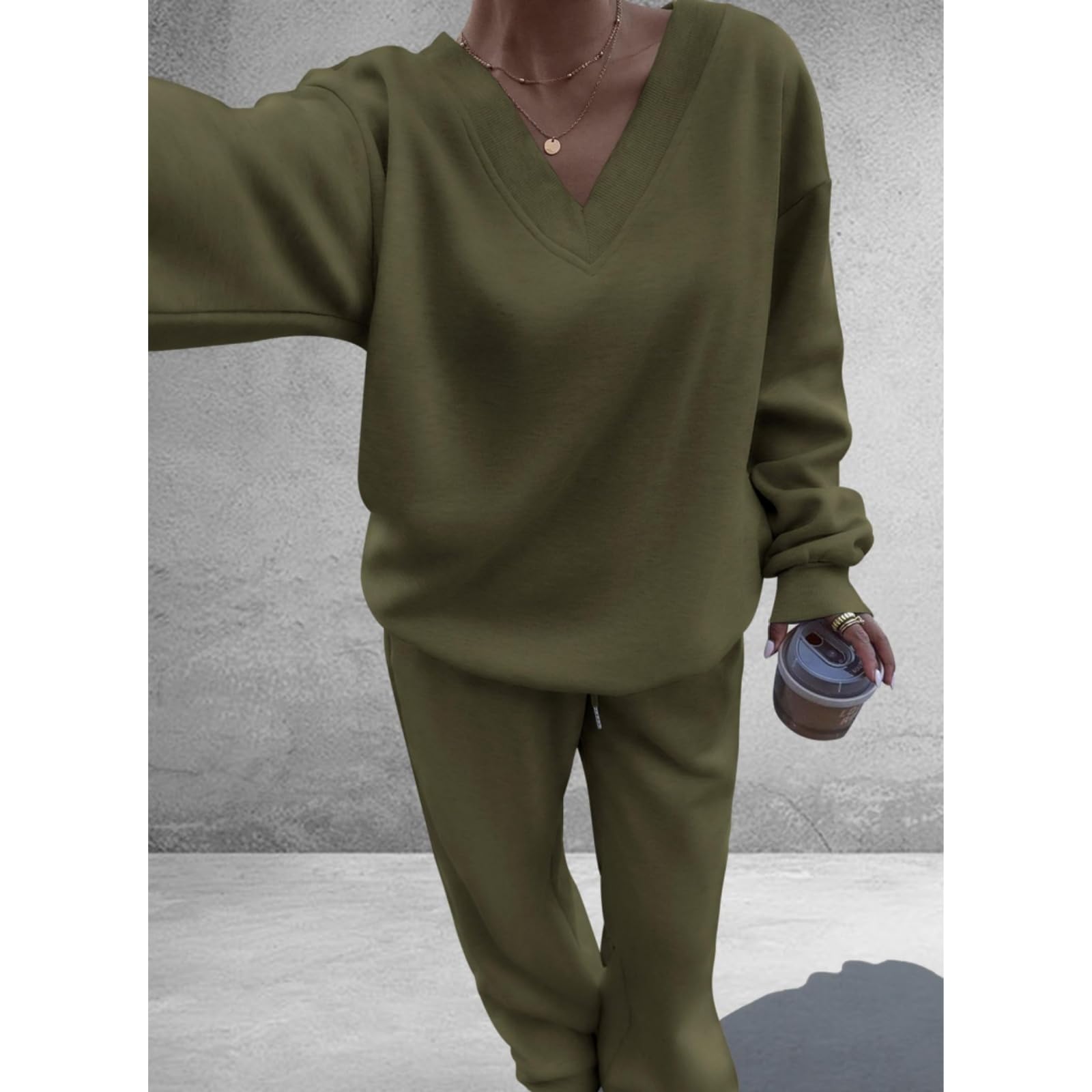 Ensemble deux pièces pour femme sweat-shirt à col V pantalon à jambes large