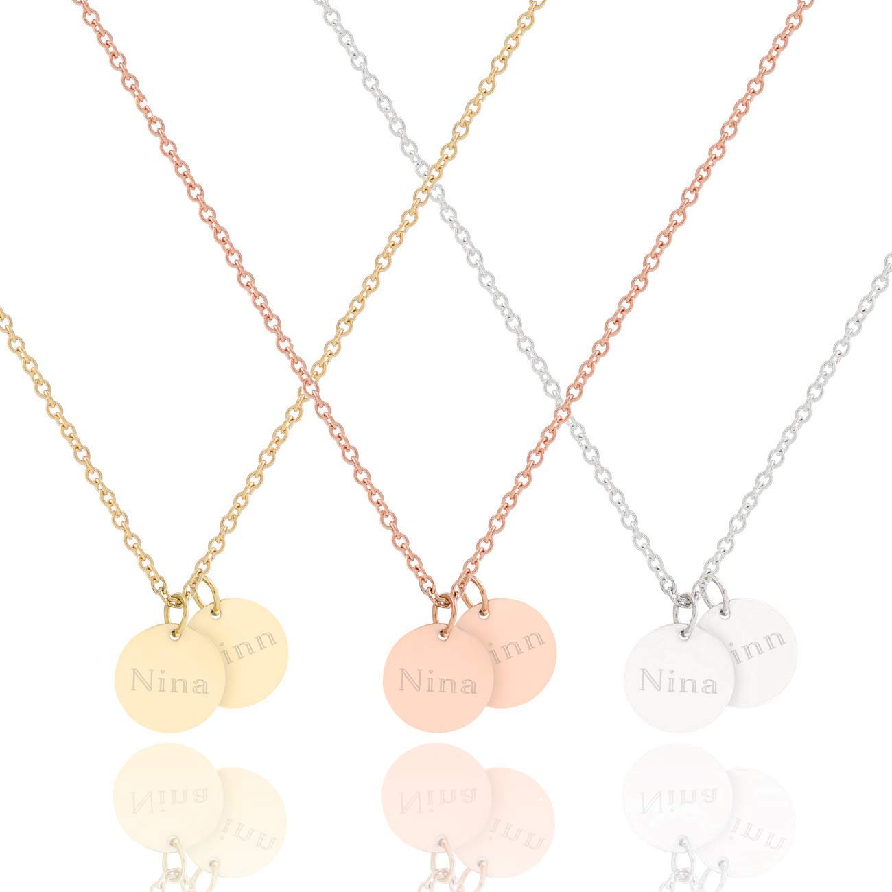 NOVA – Personalisierte Kette mit Gravur für Damen | 2x 10mm Anhänger für Namen | Geschenk für Geburtstag, Valentinstag, Muttertag, Jahrestag | Edelstahl Silber, 18K Vergoldet & Rosévergoldet | Schmuck