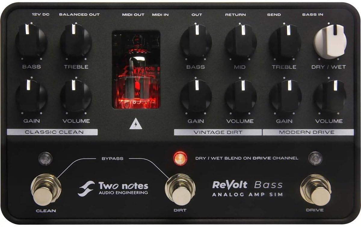 Top panel of the Two Notes ReVolt Bass pedal showing all knobs and footswitches.