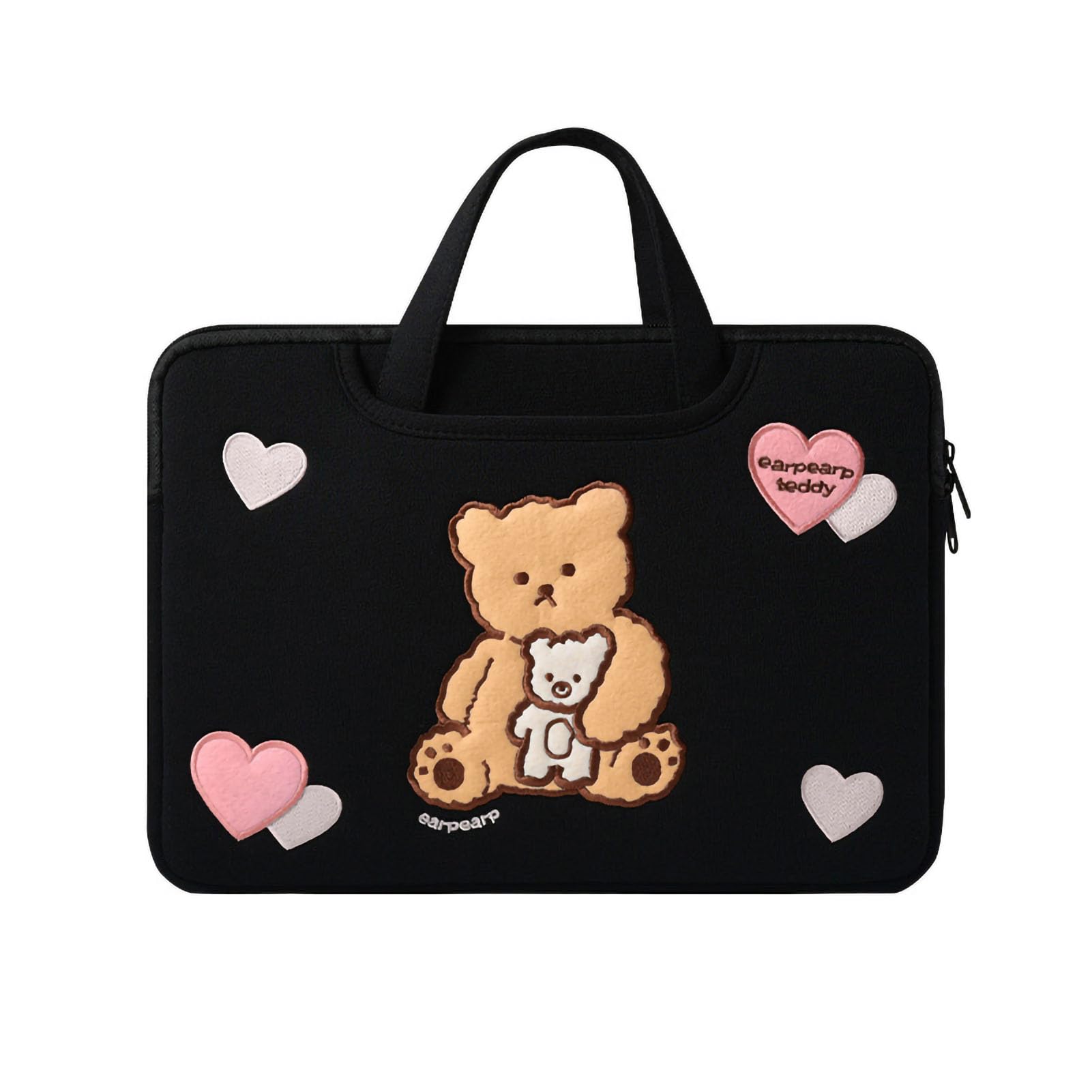 NIBEMINENT Bear Cute Laptop Bag Shockproof Thickened Embroidery Pattern Notebook Handbag for Home Office Travelling 15.6in
