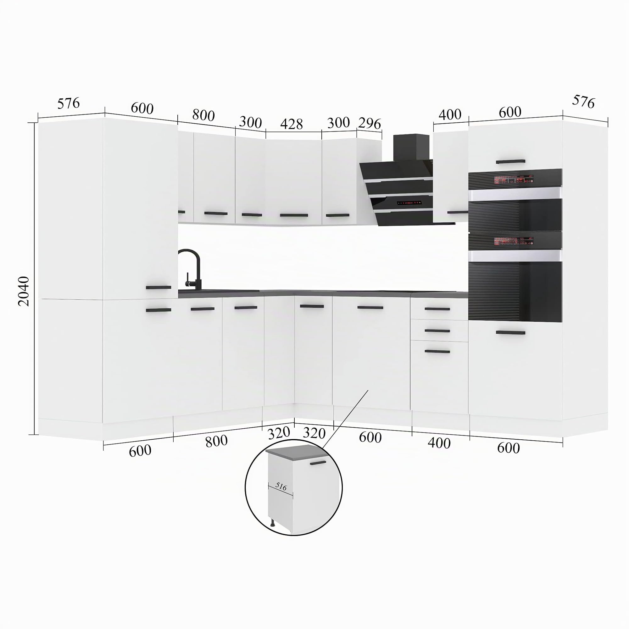 Belini Angolo Cottura Blocco Cucina a Forma di L - Mobili da Cucina Stacy Con Manici, Senza Elettrodomestici Con Pensili e Mobiletti, Con Controsoffitti, Bianco Opaco