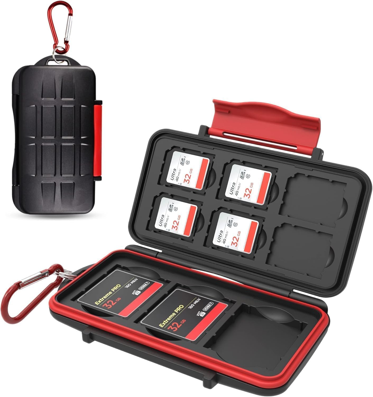 Kiorafoto 9 Slots SD Karten Aufbewahrung für 6 SD + 3 CF Compact Flash Karten, Professioneller wasserfester Anti-Schock Aufbewahrung SD SDHC SDXC CF Speicherkarten Etui Schutzhülle mit Karabiner
