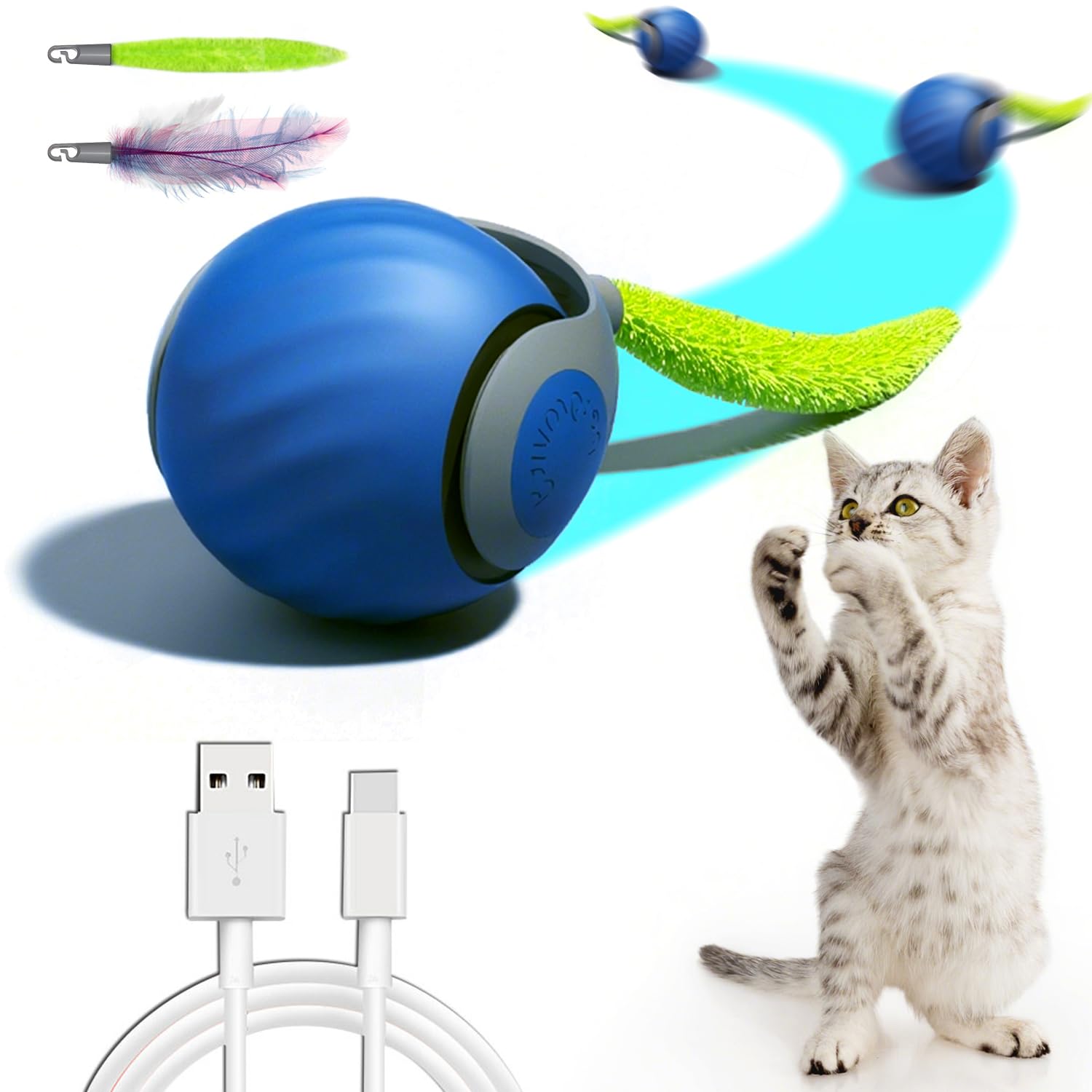 Pelota de juguete interactiva para gatos, juguetes para gatos de interior con cola de plumas para persecución de dos modos, juguete interactivo recargable 2025, bola rodante interactiva
