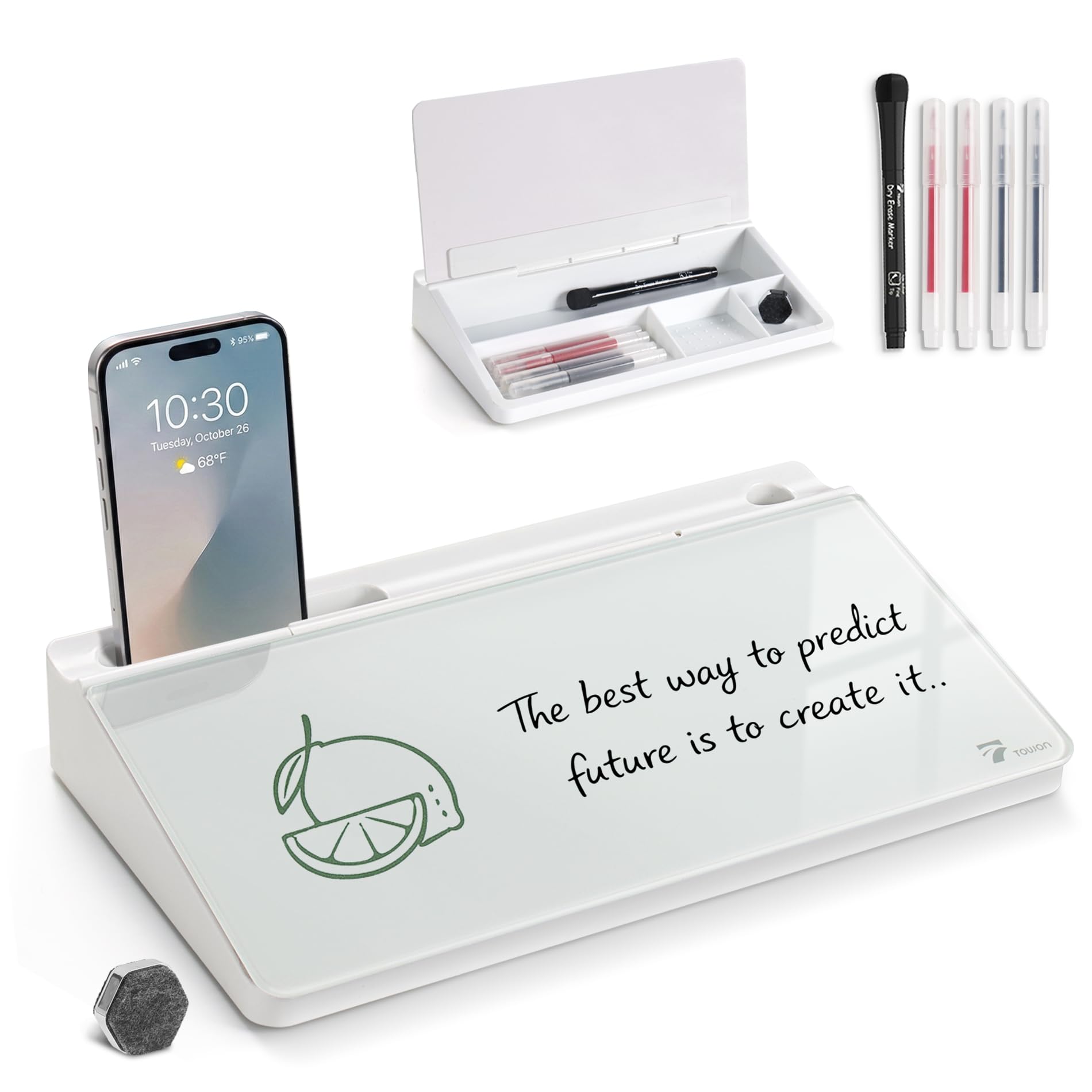 TOWON Small Glass Desktop Whiteboard with Storage – 30 x 17 cm Dry Erase Board for Desk, Home Office, School | Includes 5 Markers, Eraser & Holder | Space-Saving Organizer, Aesthetic White Design
